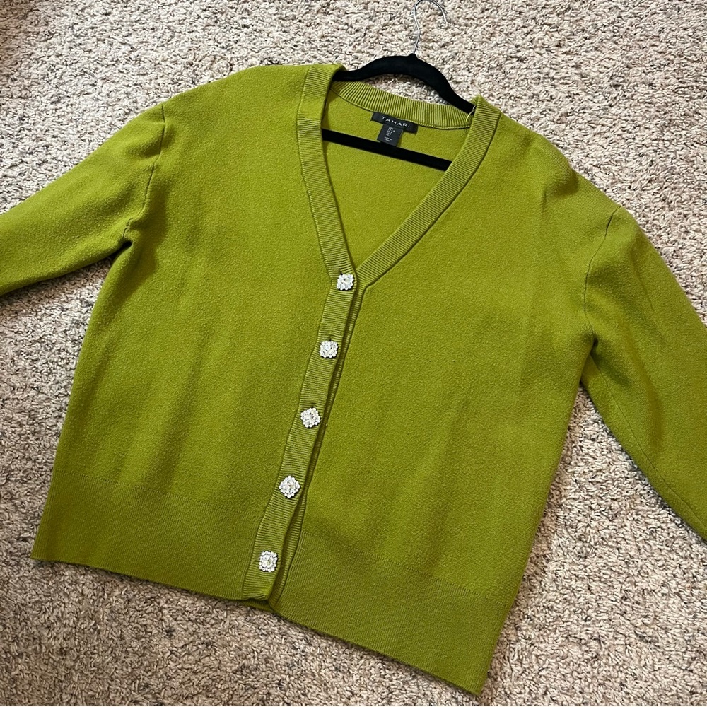Tahari Olive Green V-Neck Cardigan with Decorative Buttons